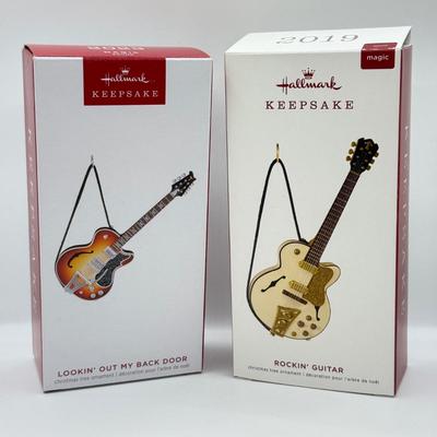 LOT 172: Hallmark Keepsake Guitar Ornaments in Boxes: 2023 Lookin' Out My Back Door & 2019 Rockin' Guitar