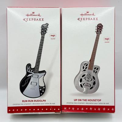 LOT 174: Hallmark Keepsake Magic Guitar Ornaments in Boxes: Run Run Rudolph & Up on the Housetop