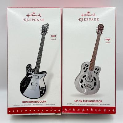 LOT 174: Hallmark Keepsake Magic Guitar Ornaments in Boxes: Run Run Rudolph & Up on the Housetop