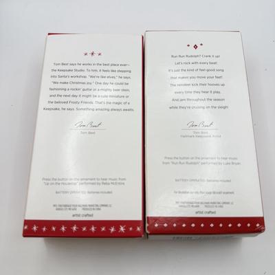 LOT 174: Hallmark Keepsake Magic Guitar Ornaments in Boxes: Run Run Rudolph & Up on the Housetop