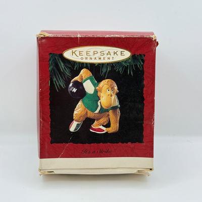 LOT 177: Hallmark Keepsake Ornaments in Boxes: Bowling Monkey, Baseball & Fishing Santas & Turtle All Star