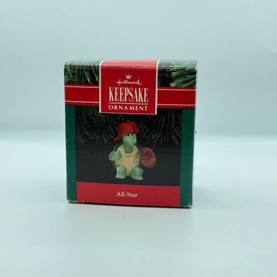 LOT 177: Hallmark Keepsake Ornaments in Boxes: Bowling Monkey, Baseball & Fishing Santas & Turtle All Star