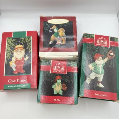 LOT 177: Hallmark Keepsake Ornaments in Boxes: Bowling Monkey, Baseball & Fishing Santas & Turtle All Star