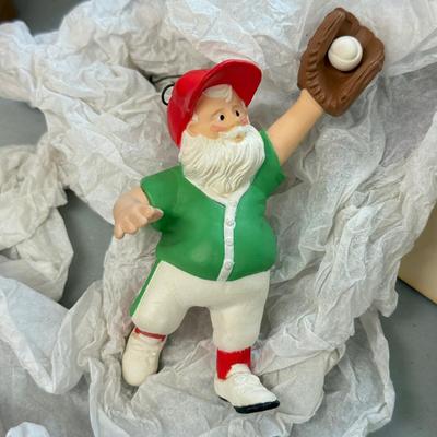 LOT 177: Hallmark Keepsake Ornaments in Boxes: Bowling Monkey, Baseball & Fishing Santas & Turtle All Star