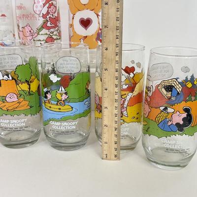 LOT 180: Collectible Glasses: Camp Snoopy, Strawberry Short Cake & Pizza Hut Care Bears: Grumpy & Tenderheart