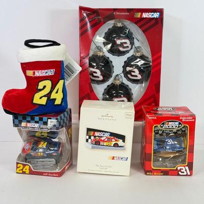 LOT 203: NASCAR Christmas Collection: Stocking w/ Ornaments: 4-Pack, Hallmark Keepsake & More