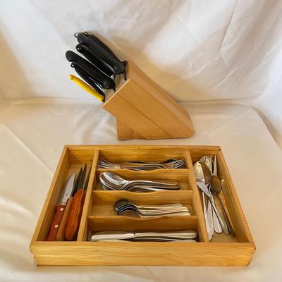 JA Henckels Chef Knives, Wood Block & 6-Person Flatware Set (K-SS)
