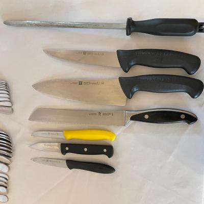 JA Henckels Chef Knives, Wood Block & 6-Person Flatware Set (K-SS)