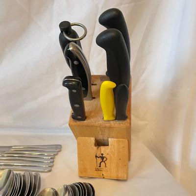 JA Henckels Chef Knives, Wood Block & 6-Person Flatware Set (K-SS)