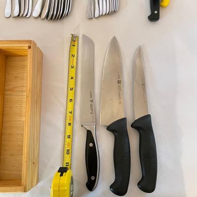 JA Henckels Chef Knives, Wood Block & 6-Person Flatware Set (K-SS)