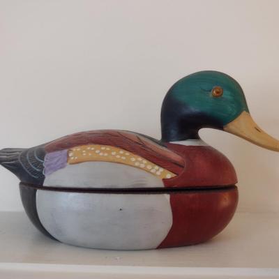 Hand Painted Duck Design Trinket Dish- Approx 8 1/2" Long, 4 1/2" Tall