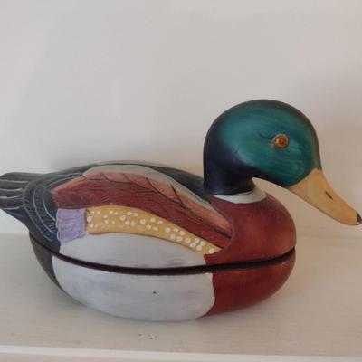 Hand Painted Duck Design Trinket Dish- Approx 8 1/2" Long, 4 1/2" Tall