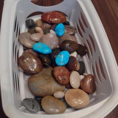 Collection of Polished/Tumbled Stones- Includes Bale Top Bottle and Possible Petrified Wood Slab