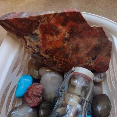 Collection of Polished/Tumbled Stones- Includes Bale Top Bottle and Possible Petrified Wood Slab