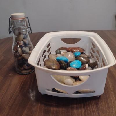 Collection of Polished/Tumbled Stones- Includes Bale Top Bottle and Possible Petrified Wood Slab