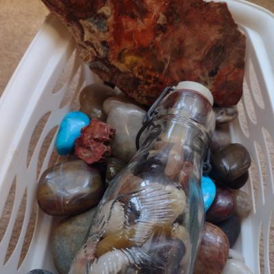 Collection of Polished/Tumbled Stones- Includes Bale Top Bottle and Possible Petrified Wood Slab
