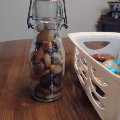 Collection of Polished/Tumbled Stones- Includes Bale Top Bottle and Possible Petrified Wood Slab