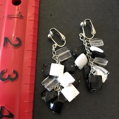 Cute vintage, retro, black, and white clip on dangle earrings