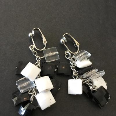 Cute vintage, retro, black, and white clip on dangle earrings