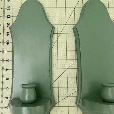 Sale Photo Thumbnail #116: Set of 2 wood wall sconces/candle holders. Green siege