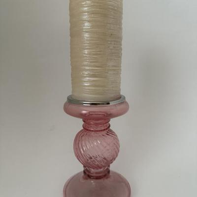Sale Photo Thumbnail #120: Pink glass, swirling twisted pedestal candle holder by “At home”