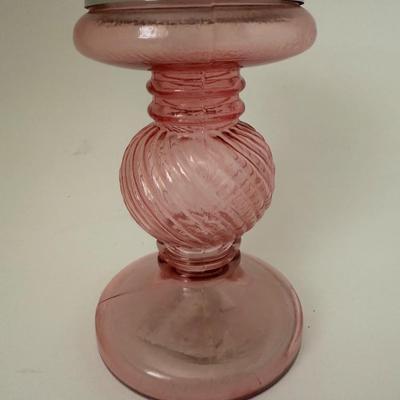 Sale Photo Thumbnail #119: Pink glass, swirling twisted pedestal candle holder by “At home”