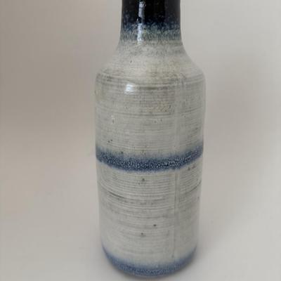 Sale Photo Thumbnail #122: Tall vase light grey with dark blue stripes, smoky neck.
