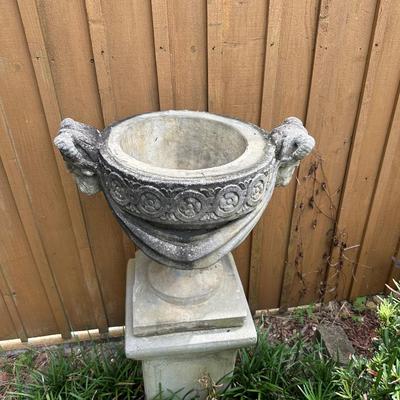Large Ornate Vintage Concrete Garden Urn on Pedestal with Removable