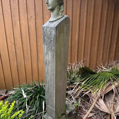 Elegant Cement Bust on Tall Pedestal – Classical Garden Statue (see description)
