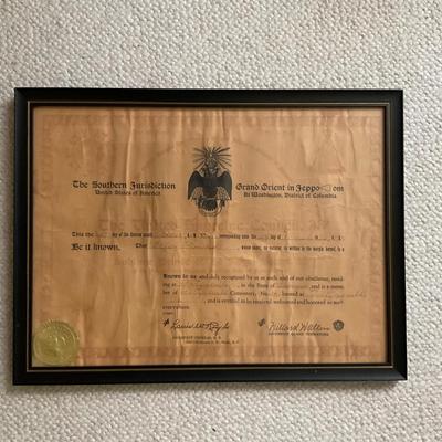 A759 Antique Masonic Certificate by The Southern Jurisdiction United States of America Grand Orient in Washington D.C.