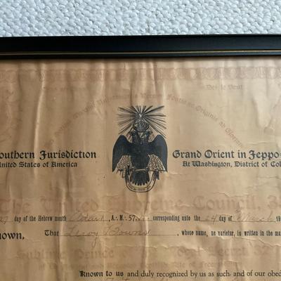 A759 Antique Masonic Certificate by The Southern Jurisdiction United States of America Grand Orient in Washington D.C.