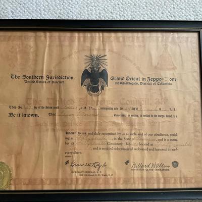 A759 Antique Masonic Certificate by The Southern Jurisdiction United States of America Grand Orient in Washington D.C.