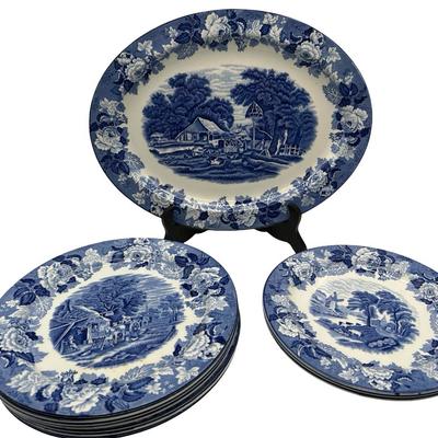 Wood & Sons England - Enoch Wood’s “English Scenery” Blue & White Transferware – Platter & Plates Set