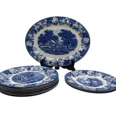 Wood & Sons England - Enoch Wood’s “English Scenery” Blue & White Transferware – Platter & Plates Set