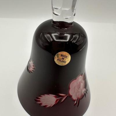 Polish Cut-to-Clear Ruby Red Crystal Bell with Floral Design