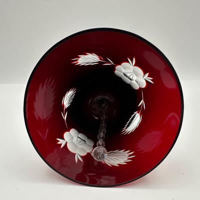 Polish Cut-to-Clear Ruby Red Crystal Bell with Floral Design