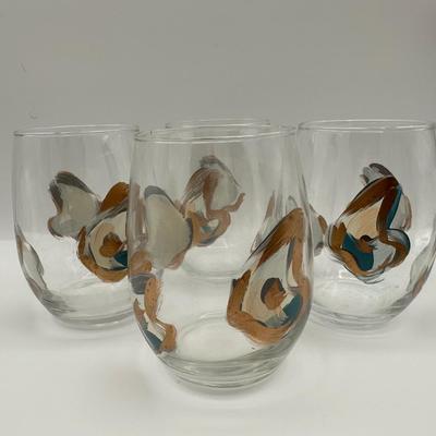 Hand-painted Oyster Libbey Wine Glasses - Set of 4