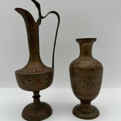 Pair of Vintage Indian Etched & Enameled Brass Vase and Ewer – Made in India