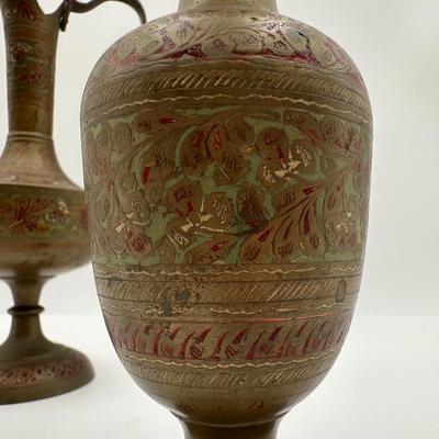 Pair of Vintage Indian Etched & Enameled Brass Vase and Ewer – Made in India