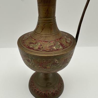Pair of Vintage Indian Etched & Enameled Brass Vase and Ewer – Made in India