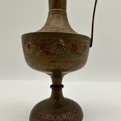 Pair of Vintage Indian Etched & Enameled Brass Vase and Ewer – Made in India