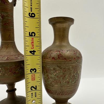 Pair of Vintage Indian Etched & Enameled Brass Vase and Ewer – Made in India
