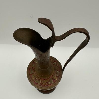 Pair of Vintage Indian Etched & Enameled Brass Vase and Ewer – Made in India