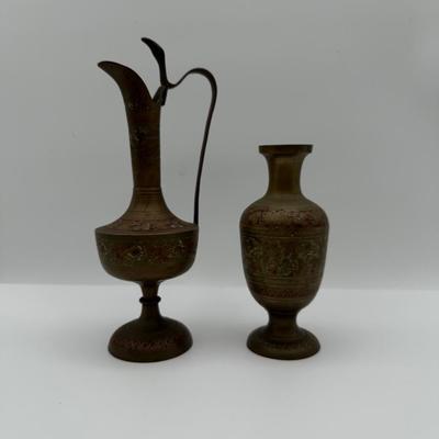 Pair of Vintage Indian Etched & Enameled Brass Vase and Ewer – Made in India