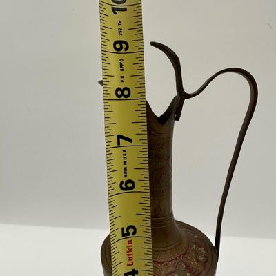 Pair of Vintage Indian Etched & Enameled Brass Vase and Ewer – Made in India