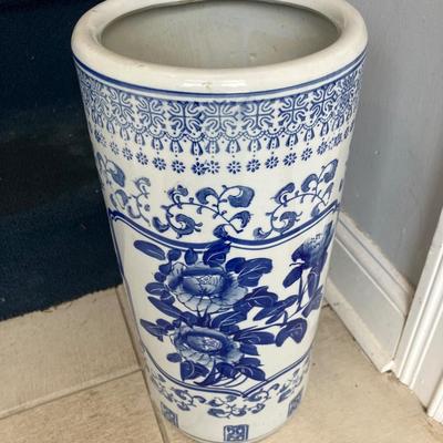 Vintage Blue/White Chinese Ceramic Umbrella Stand 18”h x 8” across