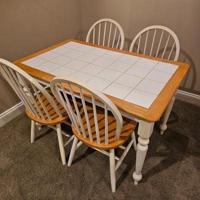 White Wood Table w/ Tile Top & Four Chairs (T1-JS)