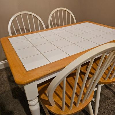 White Wood Table w/ Tile Top & Four Chairs (T1-JS)