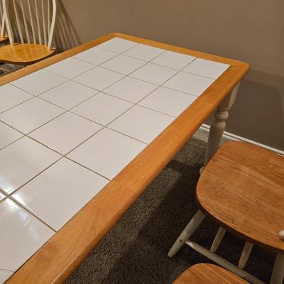 White Wood Table w/ Tile Top & Four Chairs (T1-JS)