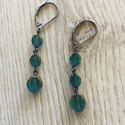 Beautiful, gunmetal, gray Beautiful blue glass dangle earrings